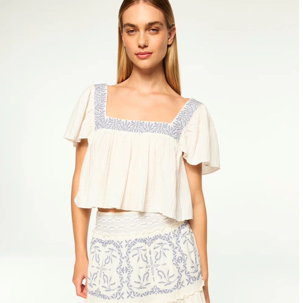 Misa Los Angeles Anju Shot Sleeve Cotton Top Cream Blue Size S NWOT